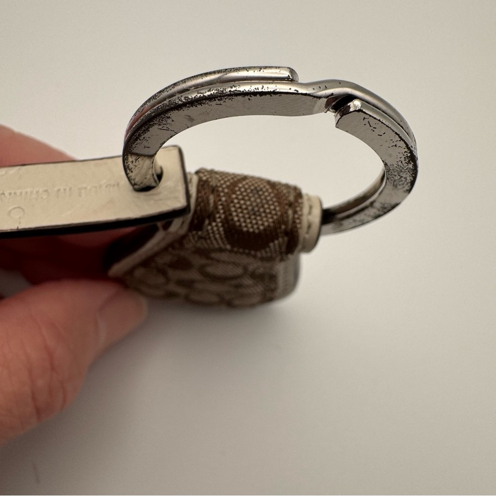 Vintage Coach Signature Jacquard Key Fob Brown Khaki Ivory Leather - Picture 11 of 13